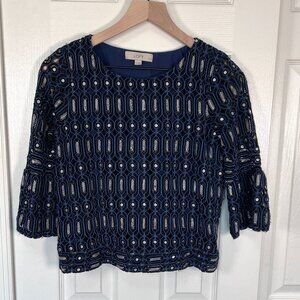 Ann Taylor Loft Navy Metallic Embroidered Lined 3/4 Bell Sleeve Blouse Size SP